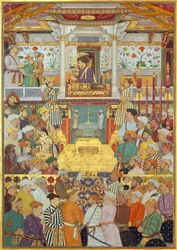 Padshahnama Tafel 10: Shah-Jahan empfängt seine drei ältesten Söhne und Asaf Khan während seiner Krönungszeremonien (8. März 1628)